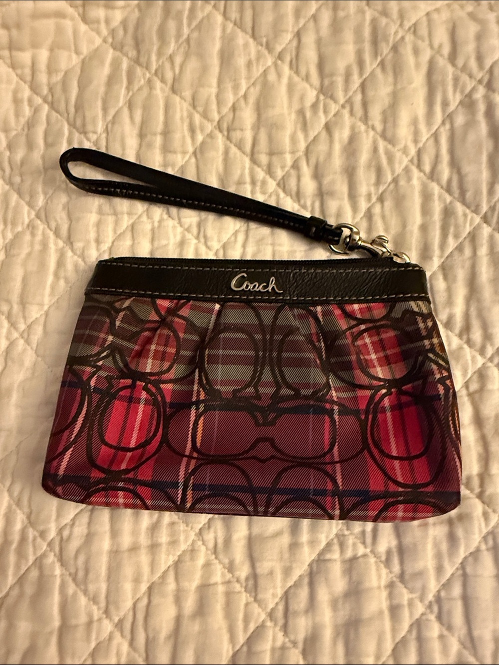Coach Red Plaid Signature Wristlet with Black Trim